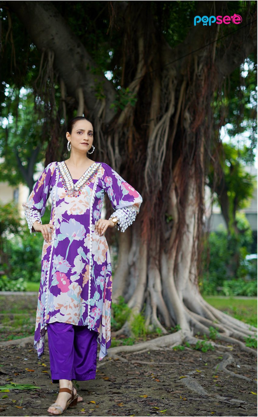 Purple Floral Printed Kurta with Lace Detailing – Elegant Ethnic Wear
