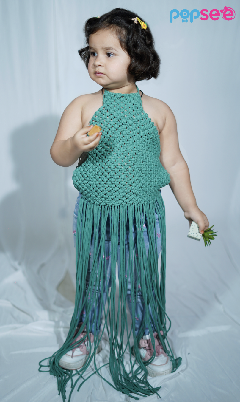 Handmade Green Crochet Fringe Top for Girls – Boho Chic Style
