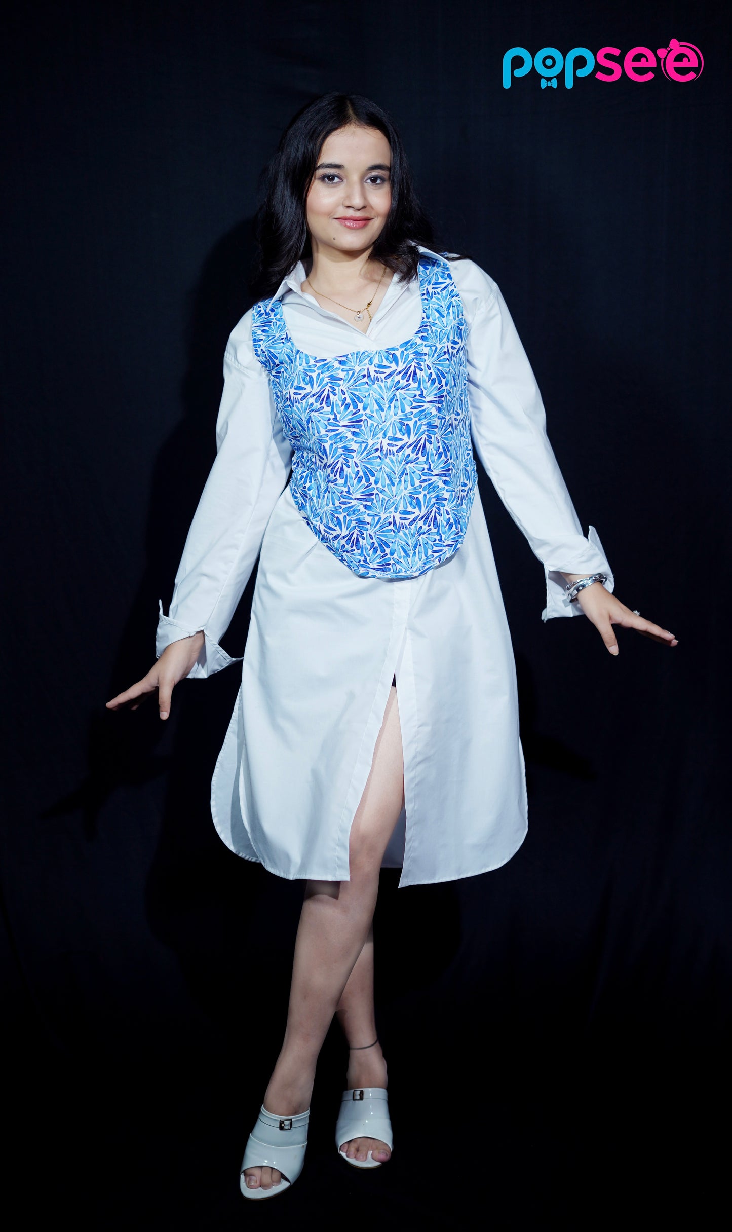 White Shirt Dress with Blue Printed Overlay