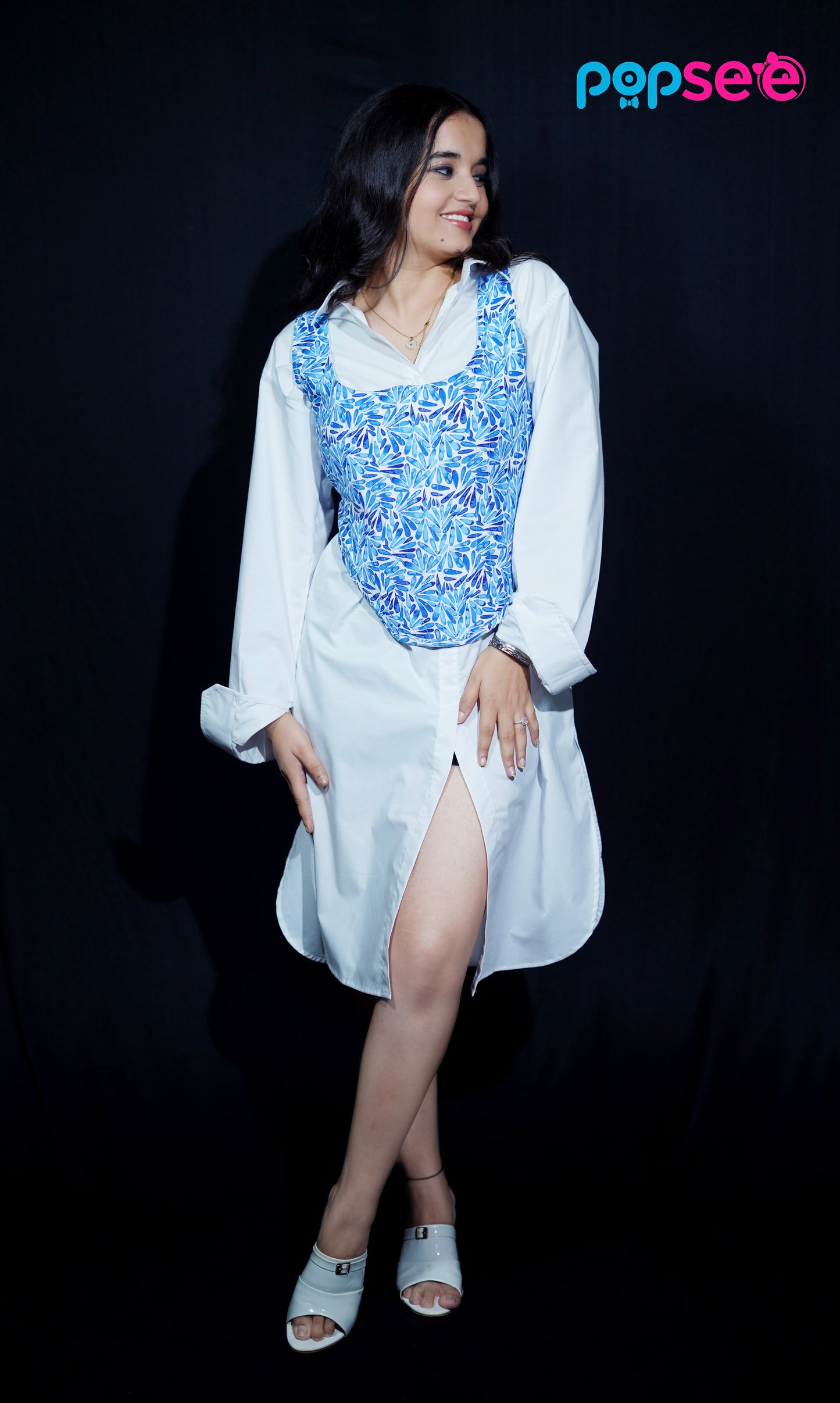 White Shirt Dress with Blue Printed Overlay