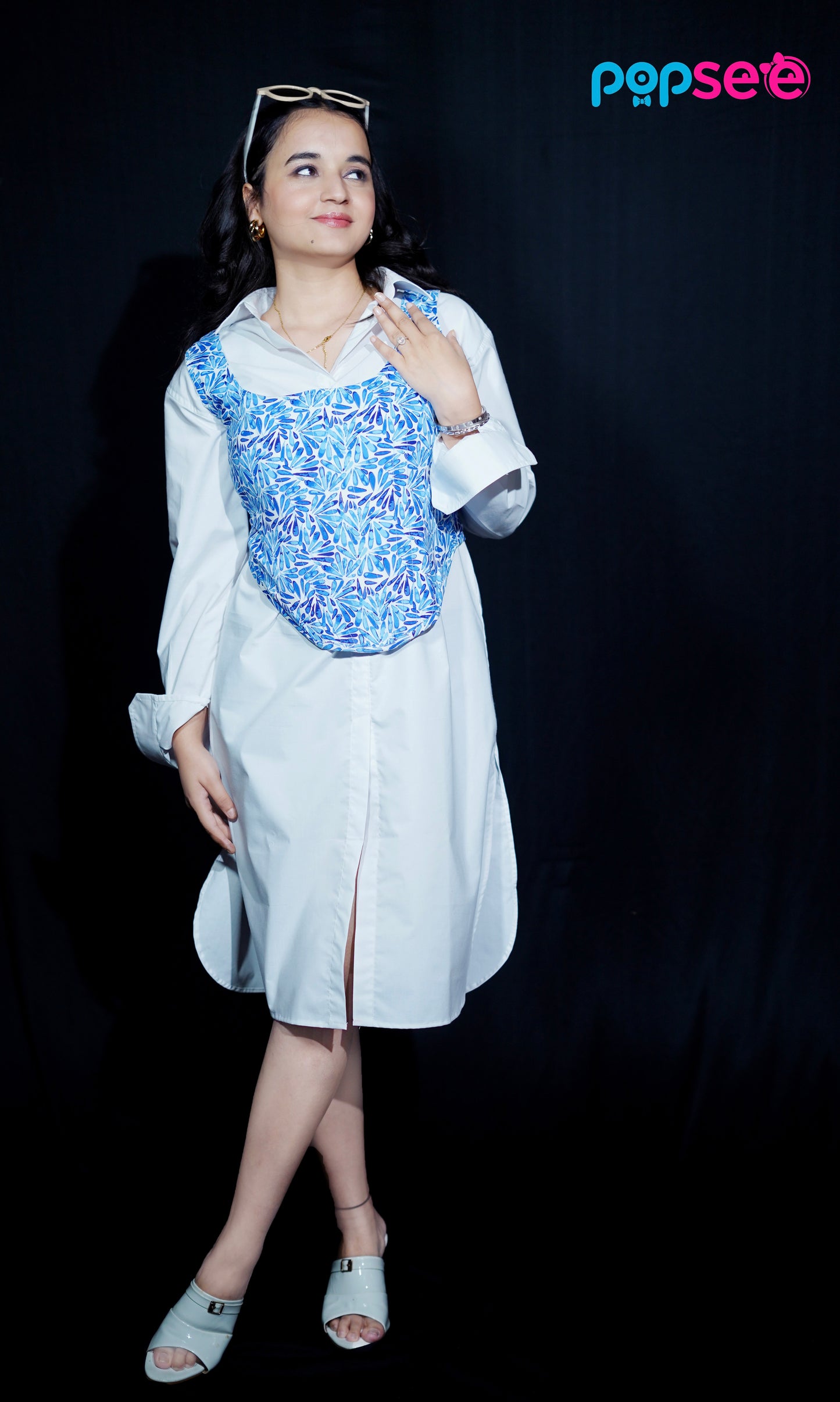 White Shirt Dress with Blue Printed Overlay