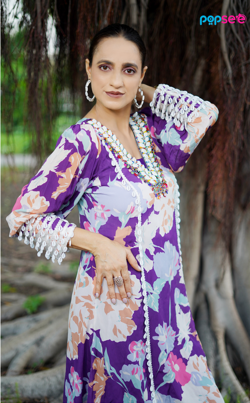 Purple Floral Printed Kurta with Lace Detailing – Elegant Ethnic Wear