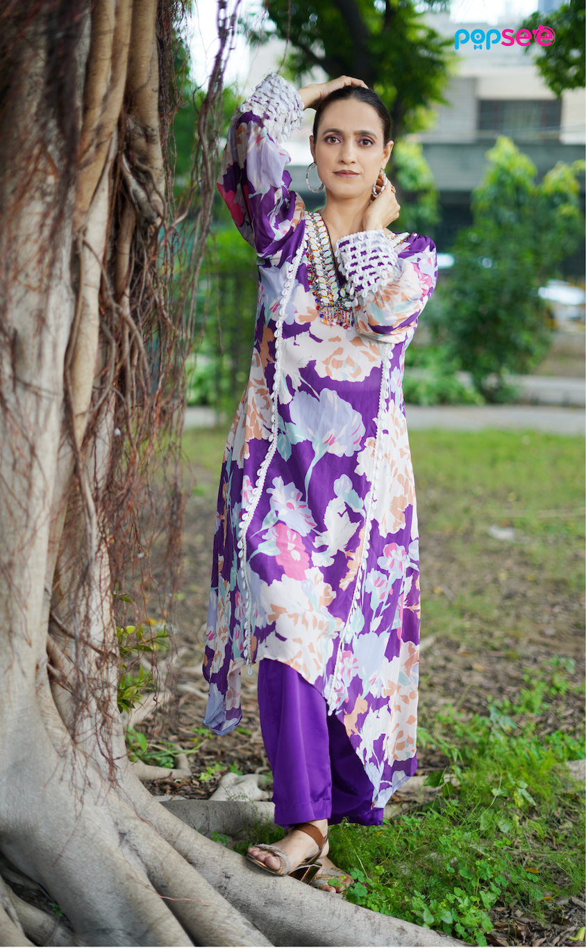 Purple Floral Printed Kurta with Lace Detailing – Elegant Ethnic Wear