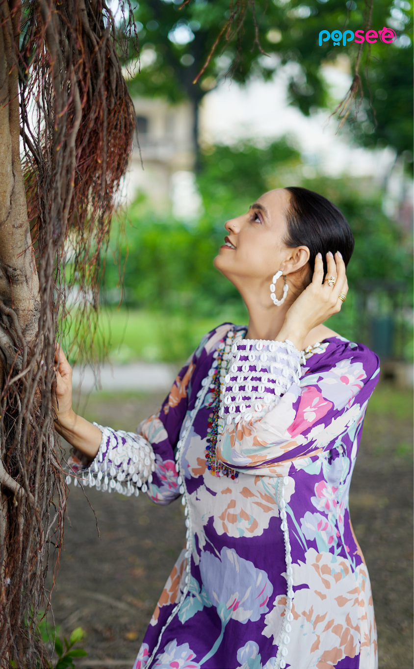 Purple Floral Printed Kurta with Lace Detailing – Elegant Ethnic Wear