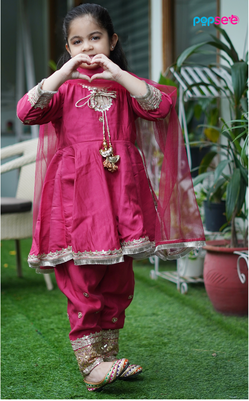 Carrot Red Embroidered Anarkali Set for Girls – Festive Traditional Wear