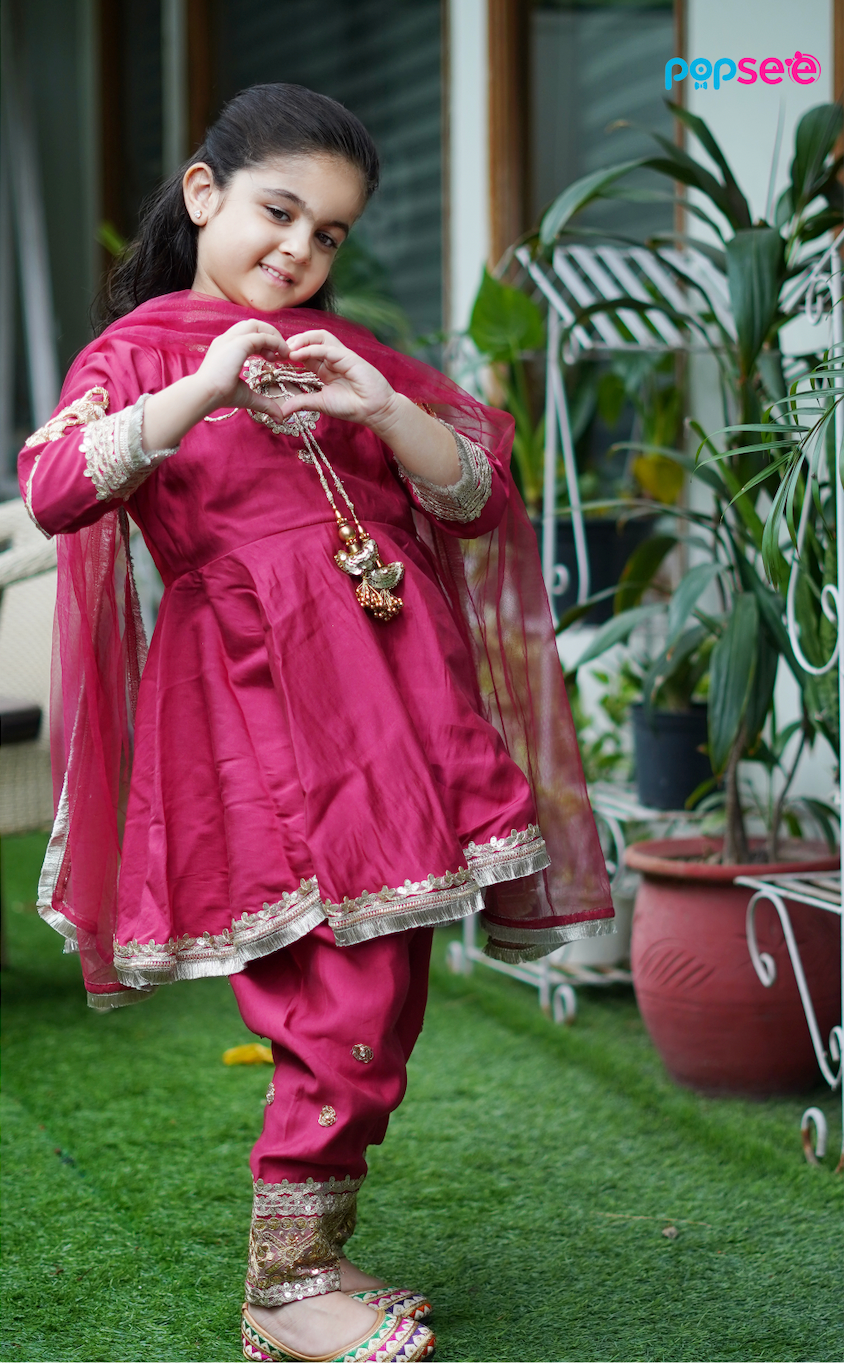 Carrot Red Embroidered Anarkali Set for Girls – Festive Traditional Wear