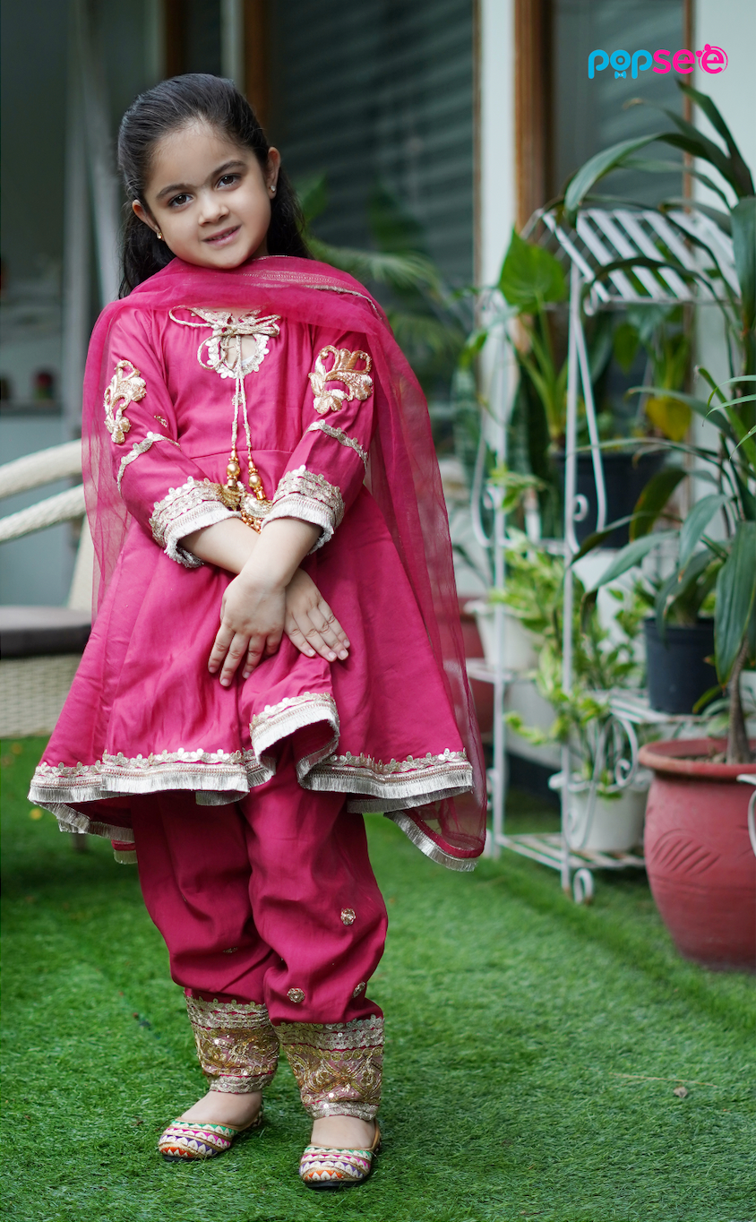 Carrot Red Embroidered Anarkali Set for Girls – Festive Traditional Wear