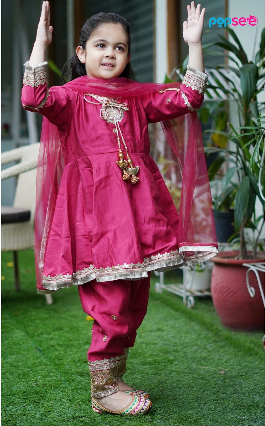 Carrot Red Embroidered Anarkali Set for Girls – Festive Traditional Wear