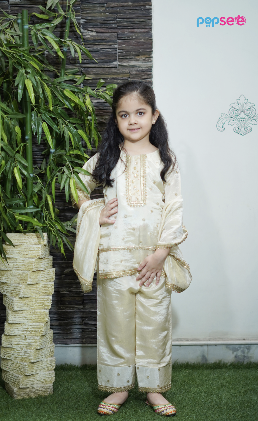 Golden Embroidered Kurta Set for Girls – Festive Ethnic Wear