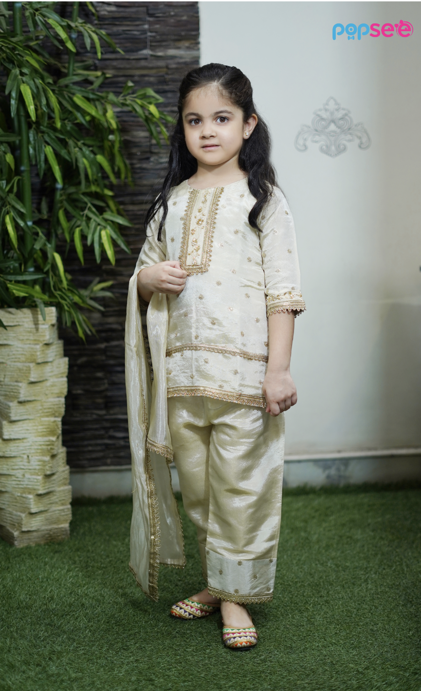 Golden Embroidered Kurta Set for Girls – Festive Ethnic Wear