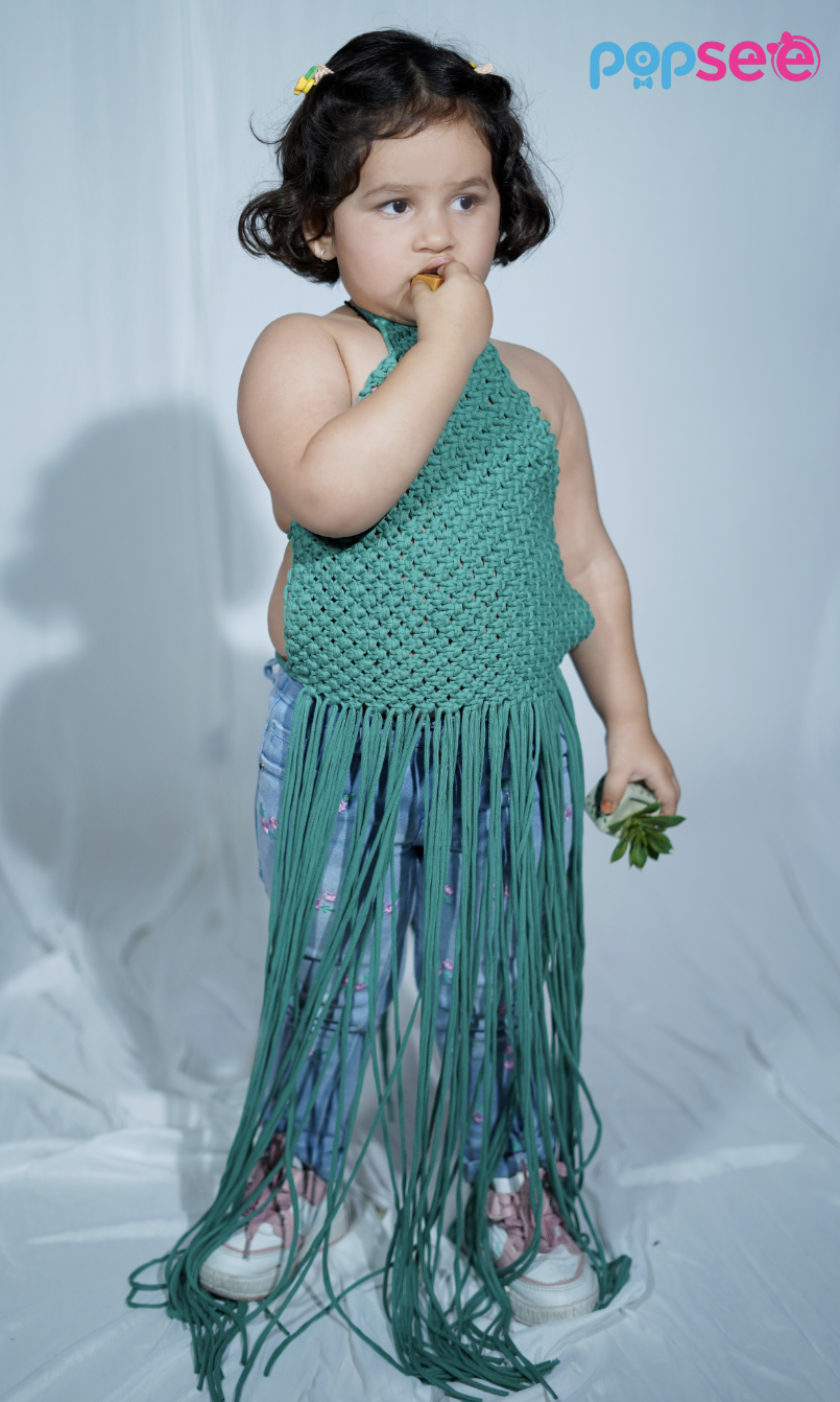 Handmade Green Crochet Fringe Top for Girls – Boho Chic Style