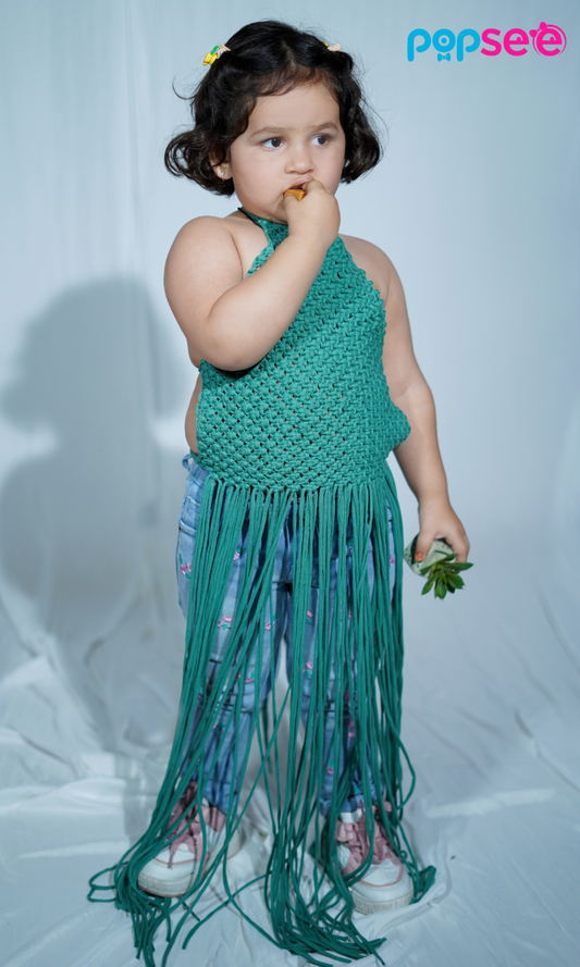 Handmade Green Crochet Fringe Top for Girls – Boho Chic Style