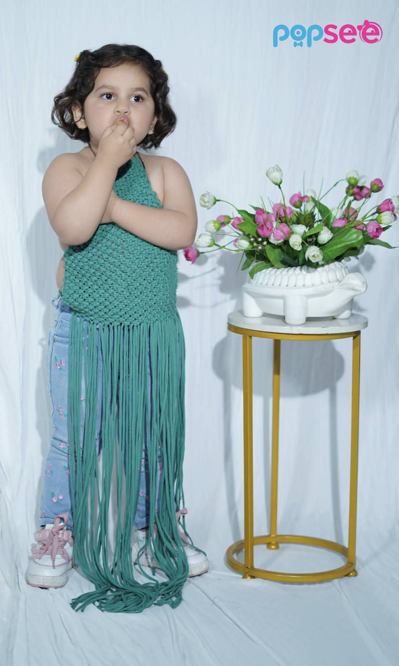 Handmade Green Crochet Fringe Top for Girls – Boho Chic Style