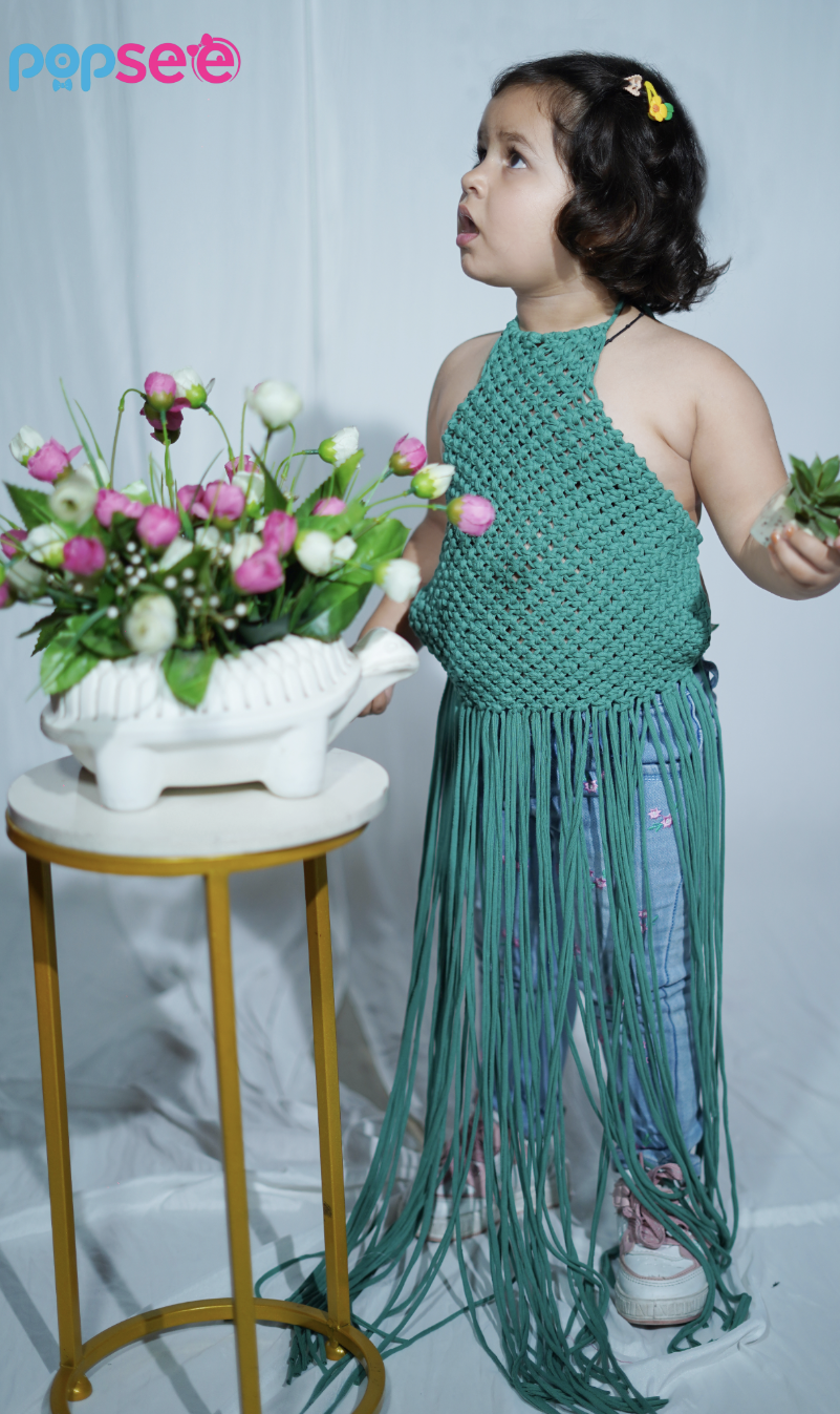 Handmade Green Crochet Fringe Top for Girls – Boho Chic Style