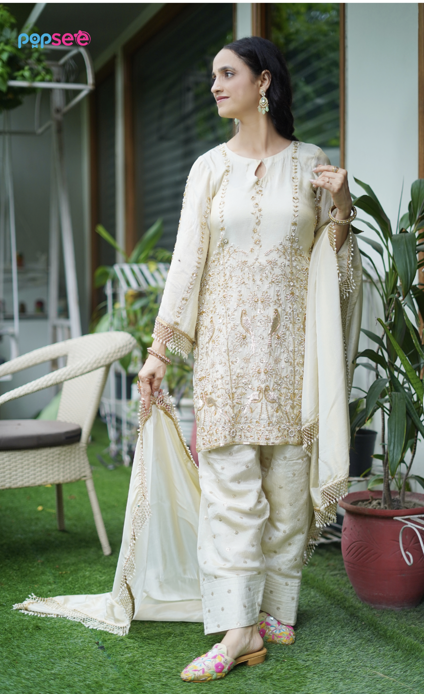 Ivory Embroidered Kurta Set with Dupatta