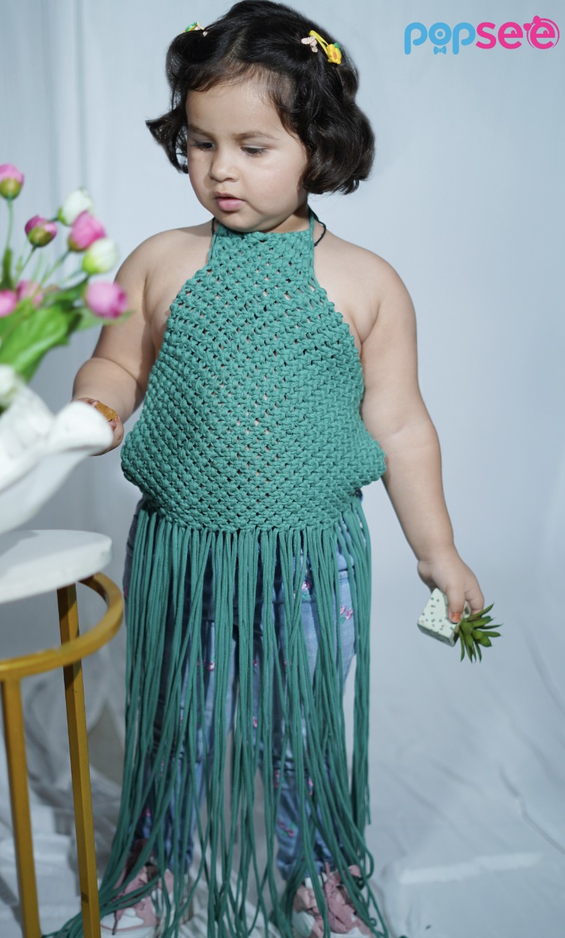 Handmade Green Crochet Fringe Top for Girls – Boho Chic Style