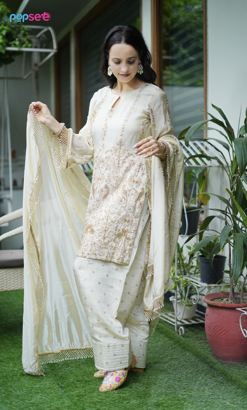 Ivory Embroidered Kurta Set with Dupatta